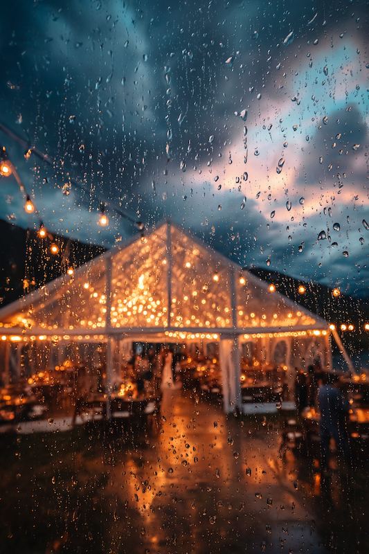 View of a rustic wedding reception under a tent with glowing string lights, captured through raindrops on a window as the sky darkens