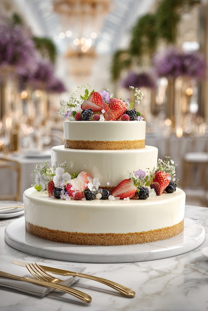 Wedding Cheesecake Three tier cheesecake wedding cake with smooth cream topping and golden graham cracker crust, decorated with fresh strawberries, blackberries, and edible flowers for a light and elegant summer-inspired presentation