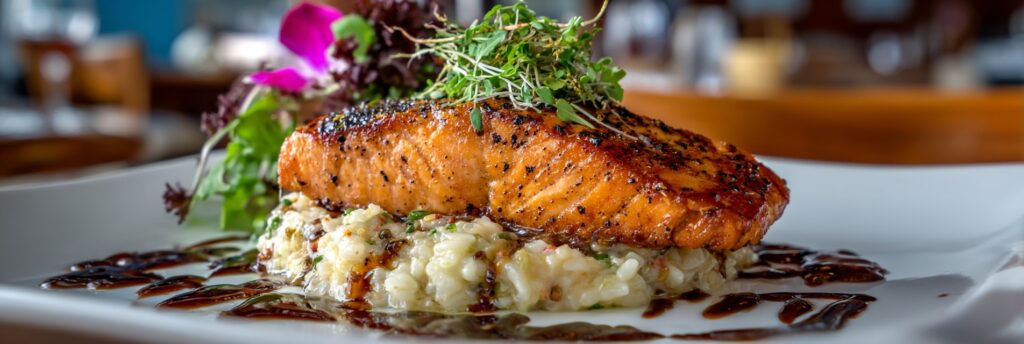 Wedding Food and Beverage 1 Seared salmon fillet plated over creamy risotto, topped with microgreens and edible flowers, with balsamic drizzle.