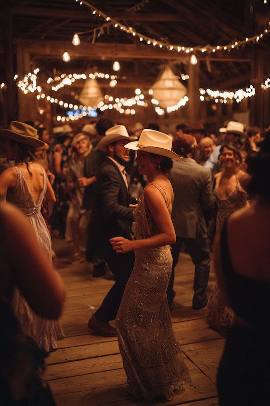Guests enjoying a lively cowboy wedding reception, dancing under warm string lights, with several wearing cowboy hats and elegant western attire