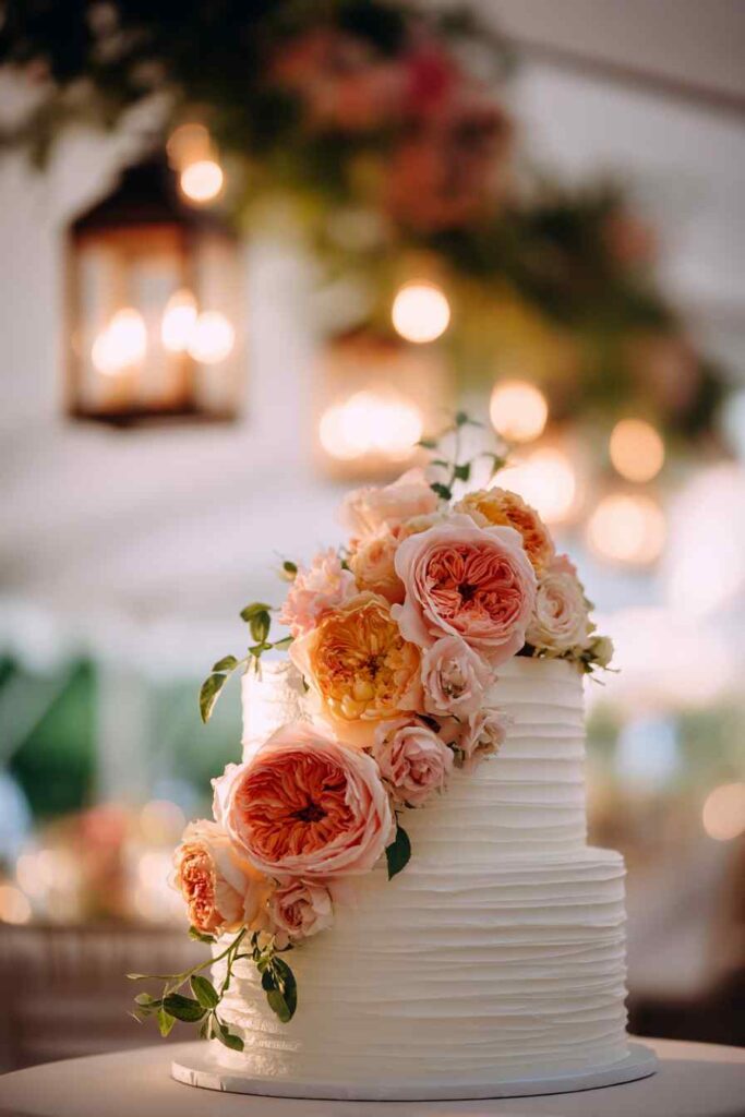 White buttercream with floral cascade wedding cake two-tier wedding cake with a white buttercream finish, adorned with a cascade of soft peach, pink, and yellow roses, set in a beautifully lit venue with warm bokeh lights