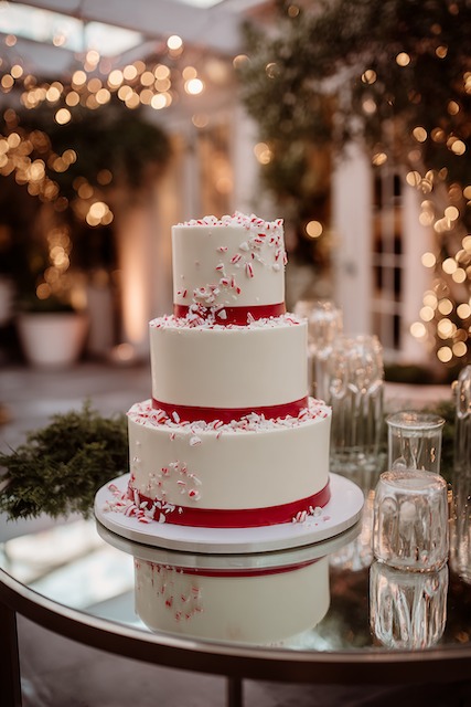 White chocolate peppermint wedding cake Three tier white wedding cake accented with bold red ribbon bands and crushed peppermint pieces, creating a festive white chocolate peppermint design perfect for winter celebrations.