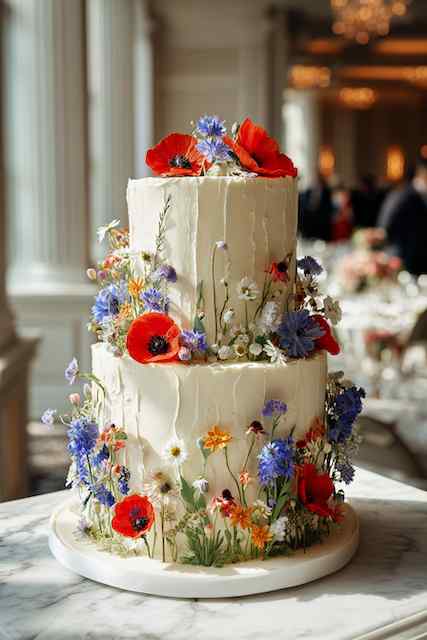 Wildflower meadow creation wedding cake Three tier buttercream wedding cake decorated with vibrant pressed wildflowers including red poppies, daisies, and cornflowers, creating a romantic meadow-inspired look.