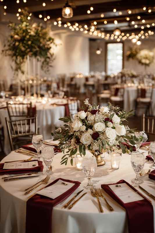 Winter Country Wedding Elegant country wedding reception table with white and burgundy florals, crystal glassware, and gold cutlery