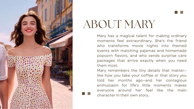 about the bride page image of a smiling woman in a polka dot dress walking down a sunny street with a warm description about her personality and traits