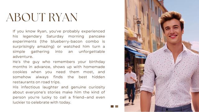 about the groom image of a smiling man in a patterned shirt walking down a sunny street with a description highlighting his personality and qualities