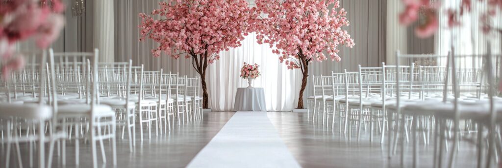 Wedding Decor 1 Cherry blossom wedding arch at the end of a white ceremony aisle with chairs on both sides.