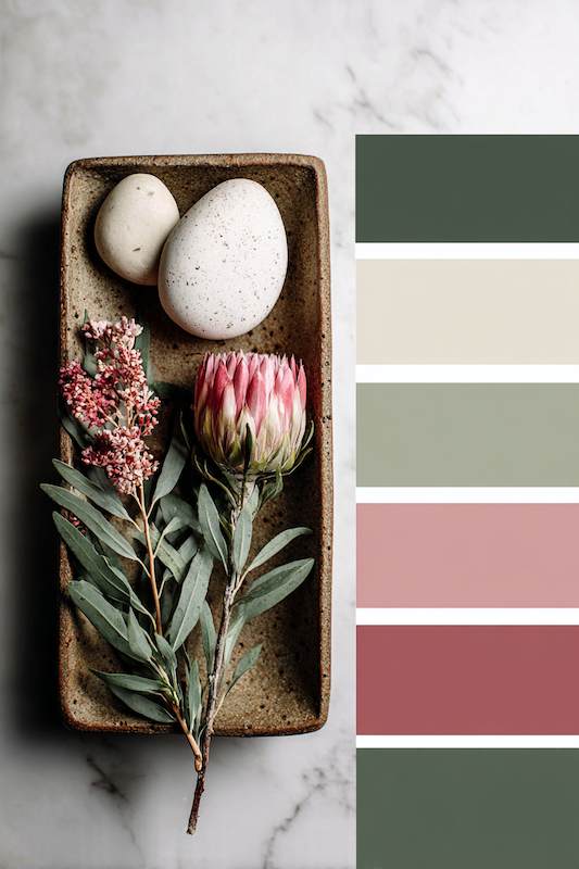 Neutral toned wedding color palette featuring earthy greens, pinks, and soft neutrals with a protea flower and natural elements arranged on a rustic dish