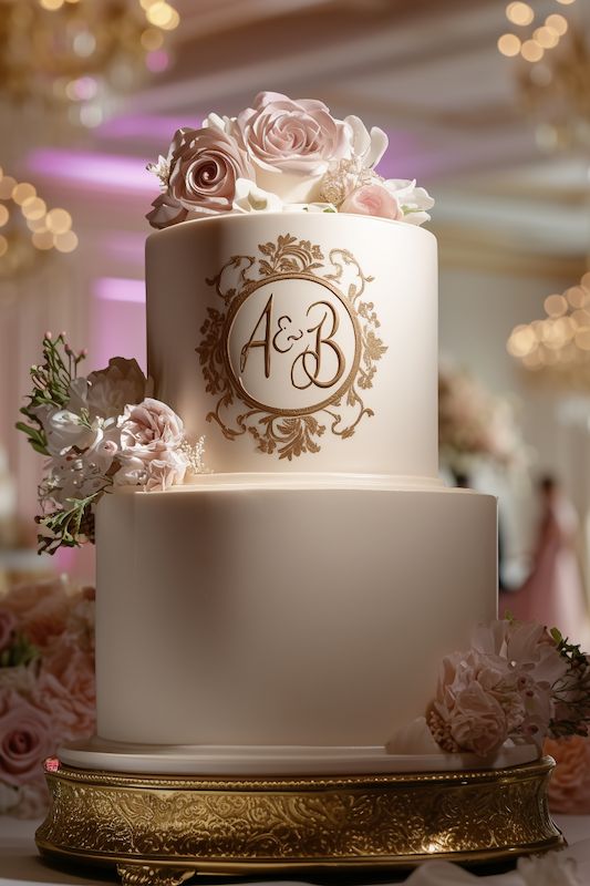 wedding cake with monogram two-tier wedding cake with soft pink roses and intricate gold monogram 'A & B' on the top tier, set in a sophisticated wedding venue