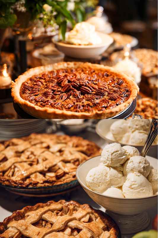 apple and pecan pies A pecan pie topped with glistening roasted pecans, a classic apple pie with a golden lattice crust, and a bowl of smooth vanilla ice cream scoops, served together for a decadent autumn dessert spread