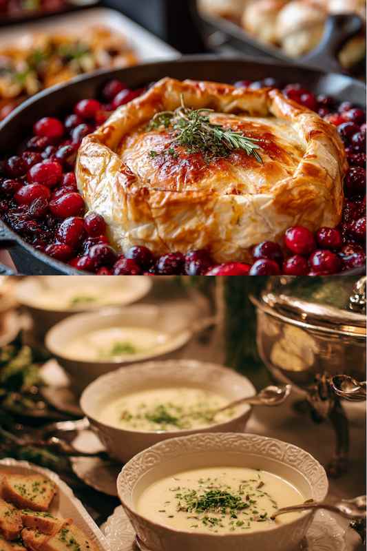 baked brie and potato leek soup Wedding appetizers featuring baked brie with cranberries and creamy soup served in decorative bowls