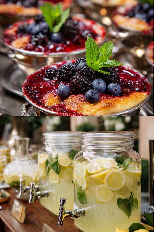 berry cobbler and lemonade Close-up of berry-topped crème brûlée and refreshing lemon-mint infused water served in glass jars, ideal for a rustic country wedding reception