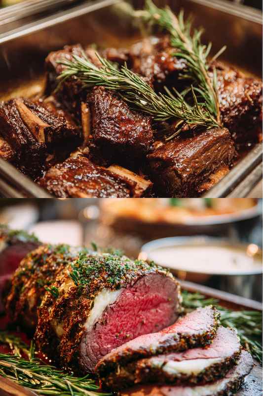 braised short ribs and herb crusted roast beef Close-up shots of tender braised short ribs and herb-crusted roast beef, both cooked to perfection for a winter country-themed wedding