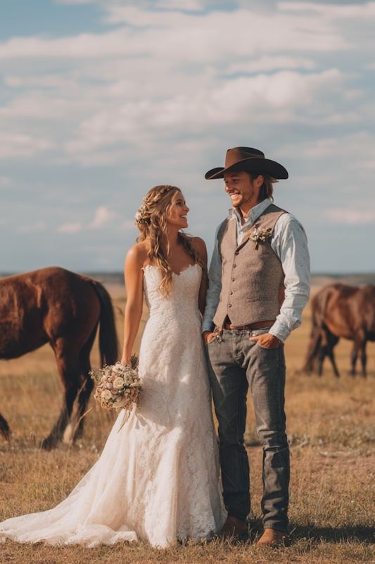 A bride and groom smile at each other in a beautiful outdoor cowboy wedding with horses grazing behind them