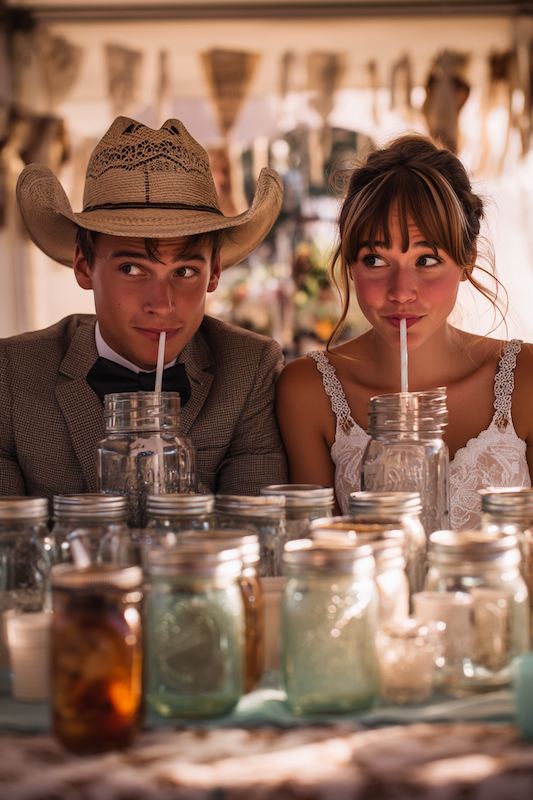 A cowboy groom in a beige suit and hat, sharing a moment with his bride in a lace dress, drinking from mason jars at their wedding