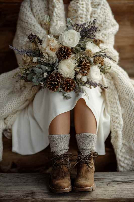 bride in Chunky knits, wool shawl, boot A bride sitting with a bouquet of pinecones, roses, and lavender, wearing a cozy wool shawl, chunky knit sweater, and brown boots, complete with soft gray socks for a rustic winter wedding look