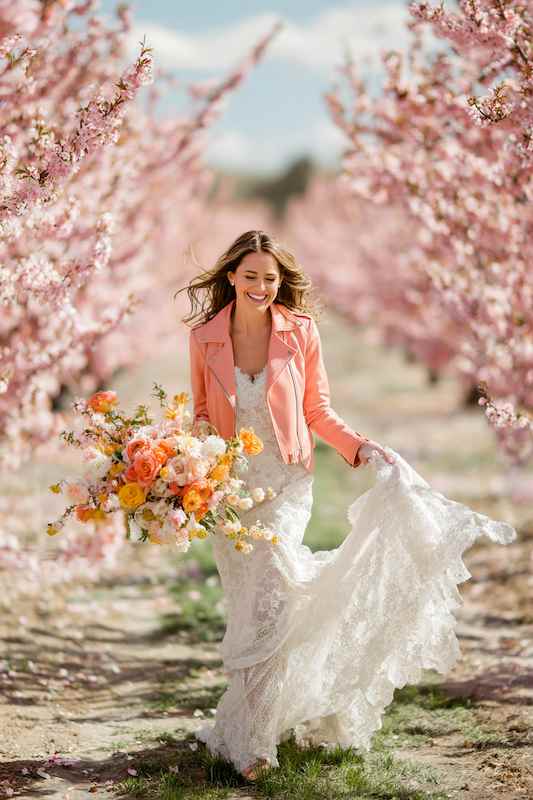 bride in Flowing lace and light jacket Bridal portrait of a smiling bride in lace gown with a leather jacket, holding a colorful bouquet, walking through cherry blossom trees