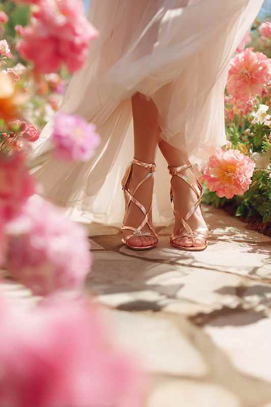 bride in flowy chiffon sundress paired with stylish strappy sandals Close-up of a bride's feet in delicate rose gold sandals, standing amidst pink peonies with a flowing white wedding dress, capturing a dreamy spring vibe