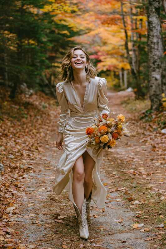bride wearing Rich textures like velvet, boots Bridal look with flowing satin dress, cowboy boots, and a vibrant bouquet of yellow, orange, and blush flowers in an autumn forest