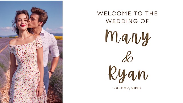 couple's photo for wedding website image of a smiling couple in a lavender field as the groom kisses the bride's cheek with wedding welcome details displayed alongside