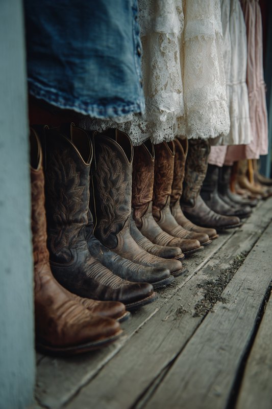 Line of cowboy boots arranged neatly in front of dresses for a rustic cowboy wedding