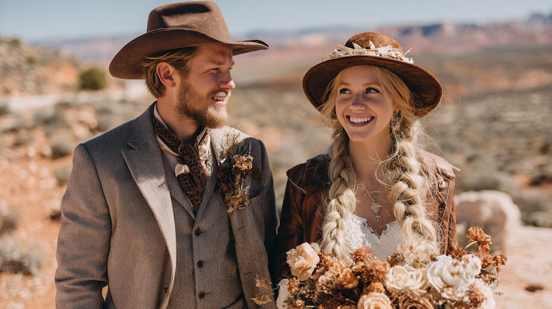 A bride and groom at a cowboy-themed wedding, both wearing western hats and rustic attire, with the bride holding a bouquet of dried flowers, set against a rugged outdoor backdrop