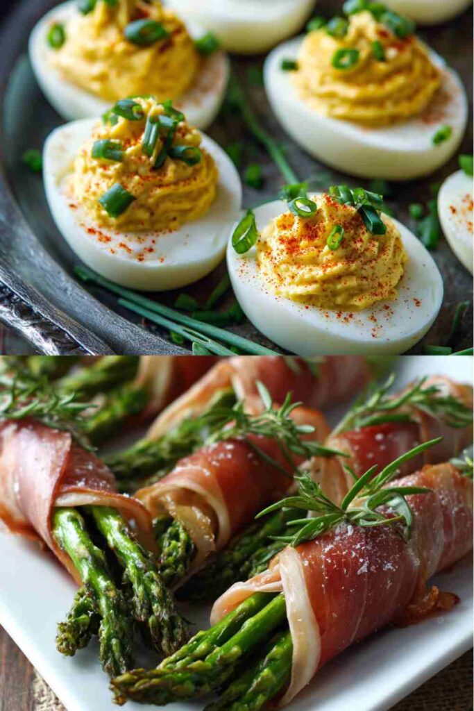deviled eggs and Asparagus prosciutto wraps Close-up of deviled eggs with fresh chives and prosciutto-wrapped asparagus, perfect for a country-themed wedding menu