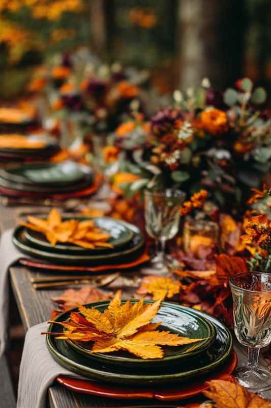 fall foliage as decoration on wedding dinner table Fall-themed wedding table setup with green plates and vibrant orange leaves scattered across the table, surrounded by floral arrangements in deep purples, oranges, and greens, creating a warm, autumn ambiance