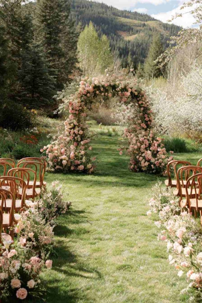 floral wedding arch Flower-filled archway and chairs for a beautiful country wedding ceremony setup, surrounded by lush greenery