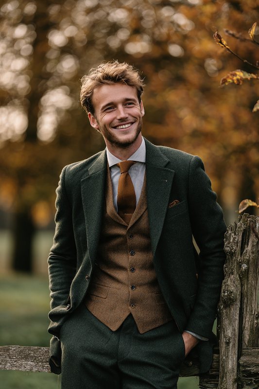 groom in Dark green or brown suits, tweed vest Groom in a dark green suit and brown vest, smiling outdoors with fall foliage as the backdrop at a country-themed wedding