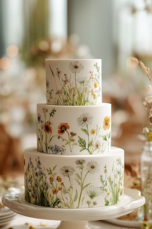 hand painted wildflowers on wedding cake Three-tier wedding cake featuring hand-painted wildflowers, including daisies, poppies, and other delicate blooms, creating a natural and elegant look