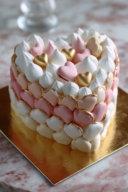 heart-shaped design wedding cake Heart-shaped wedding cake covered in pink, white, and gold heart-shaped meringues and macarons, creating a romantic, whimsical texture with a metallic touch.