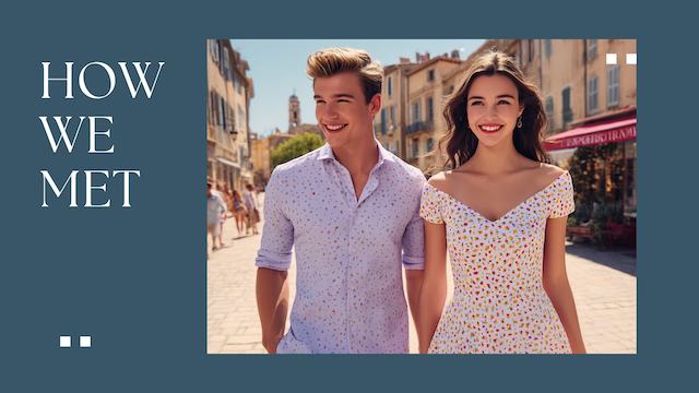 how we met image of a smiling couple walking down a charming city street with text overlay telling the story of how they met