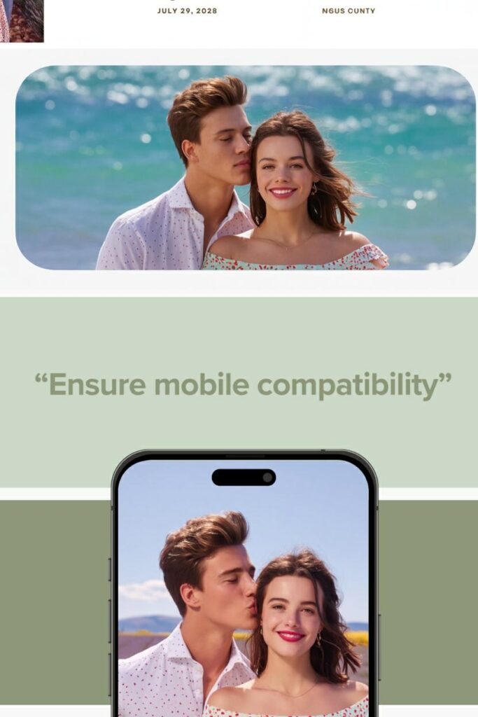 image of couple on mobile image of a couple at the beach with a landscaped smartphone showing their wedding website emphasizing mobile compatibility