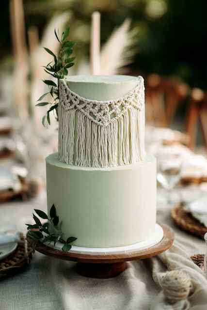 light green wedding cake withi Macrame topper two-tier wedding cake with soft sage green buttercream and a macramé design detail on the top tier, complemented with greenery for a boho-chic vibe