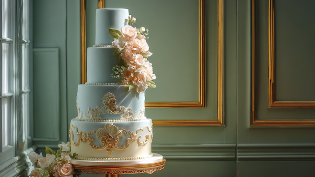 Elegant three-tier wedding cake with a soft blue fondant base, adorned with delicate pink floral accents, set against a classic, light green wall