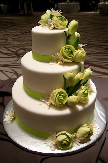 off set tiers wedding cake Three tier round wedding cake covered in smooth white fondant, decorated with green ranunculus, daisies, and light green ribbon bands, creating a fresh spring-inspired look.