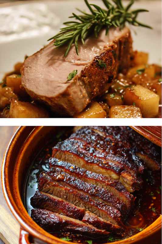pork loin and brisket Roast beef with a rosemary sprig served over tender potatoes, and a close-up of a beautifully caramelized, slow-braised brisket, creating a comforting and savory autumn meal