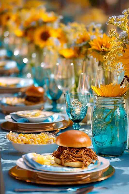 pulled pork sandwich Rustic wedding table set with pulled pork sandwiches, corn salad, and vibrant sunflower centerpieces in blue mason jars, capturing a warm country vibe
