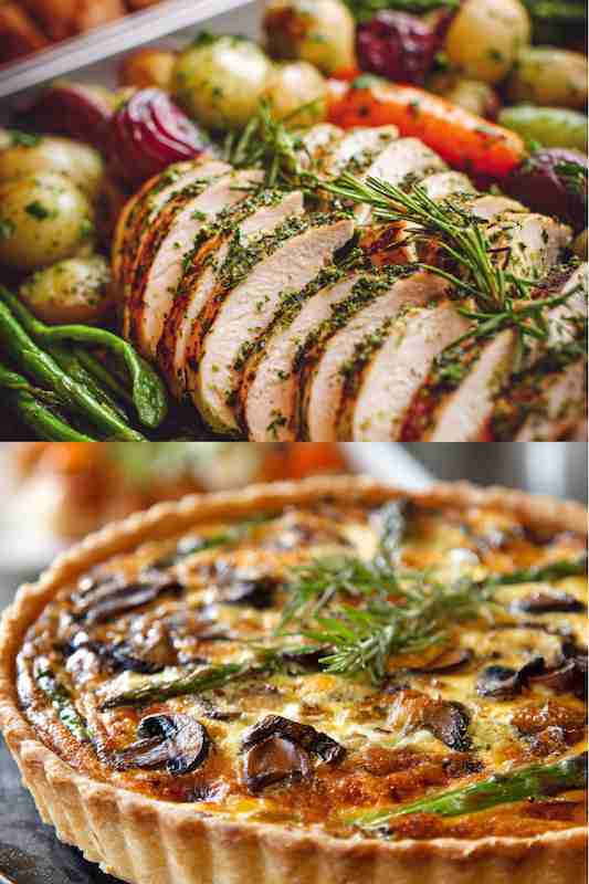 quiche and herb roasted chicken Herb-roasted chicken with spring vegetables and a mushroom quiche, perfect main courses for a country wedding menu