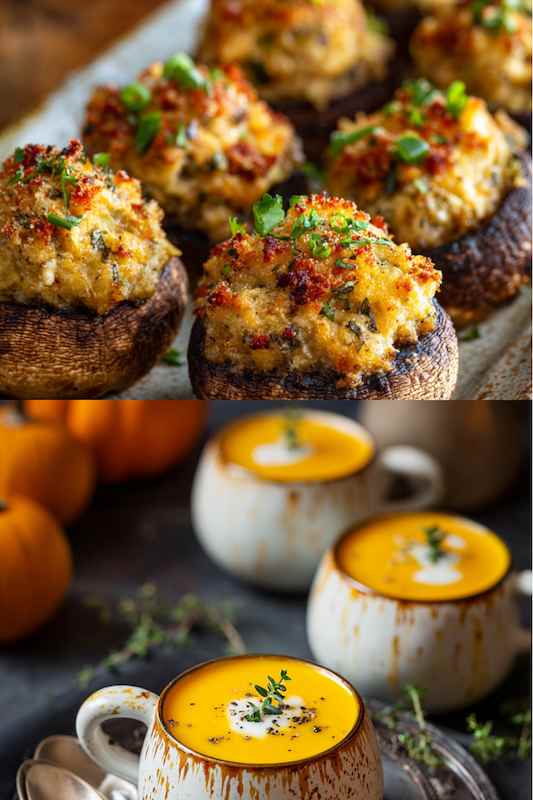 stuffed mushrooms and pumpkin soup Stuffed mushrooms topped with breadcrumbs and herbs, alongside a rich bowl of pumpkin soup with a dollop of cream and a sprig of thyme, set against a cozy autumn backdrop with pumpkins
