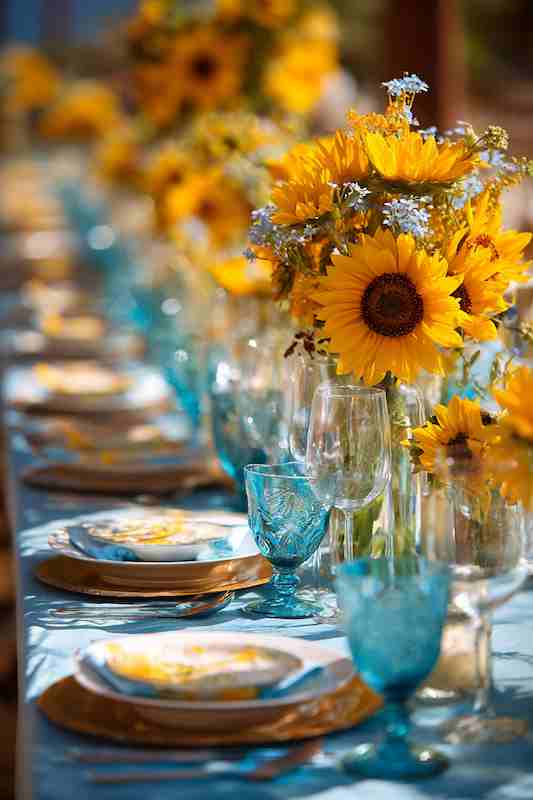 sunflower and sky blue wedding table setting Country wedding table setting with vibrant sunflowers as centerpieces, turquoise glasses, and gold-accented plates on a blue tablecloth