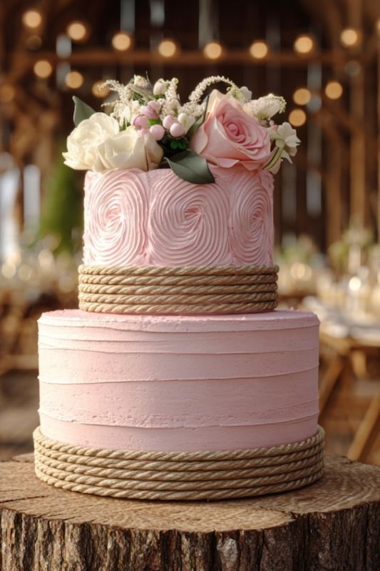 twine accents pink wedding cake Two-tier buttercream wedding cake with pink rosette design, adorned with fresh roses, berries, and a natural twine rope accent for a rustic touch