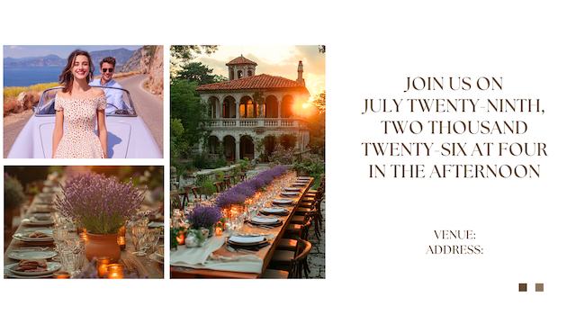wedding details image of a romantic outdoor wedding setup with a couple driving in a convertible, a sunset-lit villa, and an elegantly set dining table