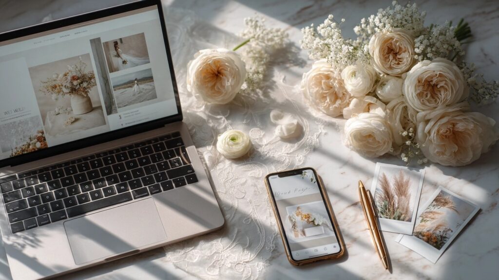 image of a laptop and smartphone displaying a wedding website design surrounded by white roses and soft lighting for a serene workspace atmosphere