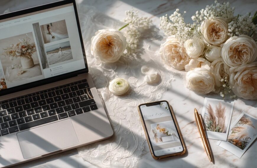 Wedding Planning 2 image of a laptop and smartphone displaying a wedding website design surrounded by white roses and soft lighting for a serene workspace atmosphere