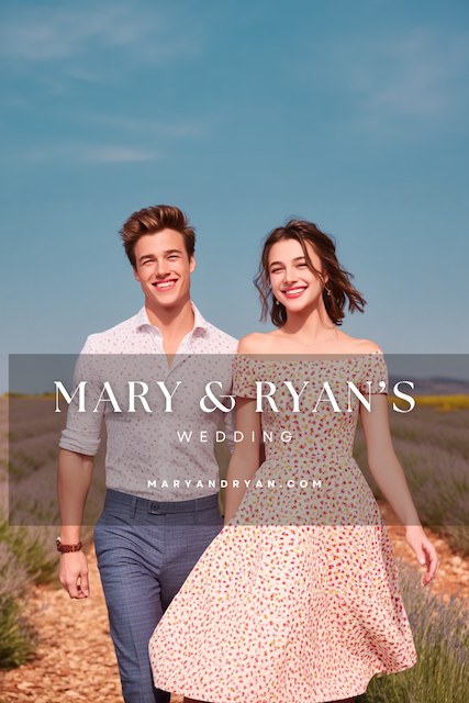 wedding website home page image image of a joyful couple walking through a field on a sunny day with their wedding website details overlaid in elegant text