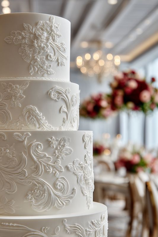 white on white wedding cake Elegant white wedding cake with intricate floral lace detailing, creating a timeless and romantic design