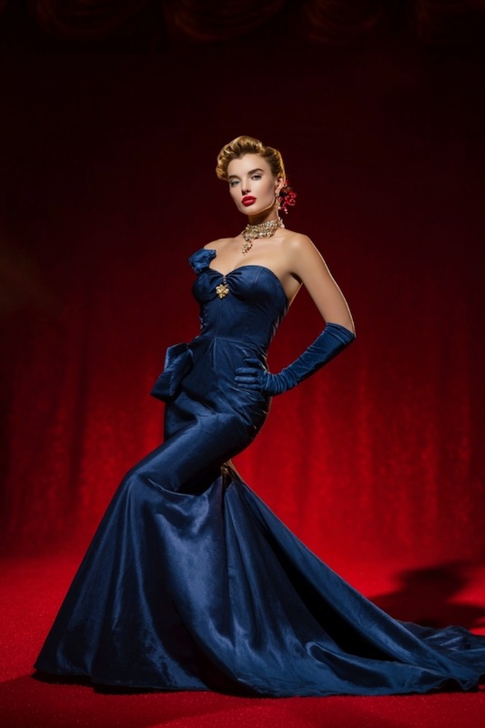 1950s and Hollywood glamour era mermaid dress bride in a luxurious navy mermaid wedding dress with a strapless neckline, accessorized with long gloves, vintage-style hairstyle, and bold red lipstick, captured against a dramatic red background
