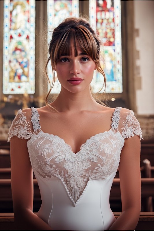 Cap sleeves mermaid wedding dress A bride in a mermaid wedding dress with a deep V-neckline and intricate lace details on the straps, showcasing a flattering silhouette and elegant design